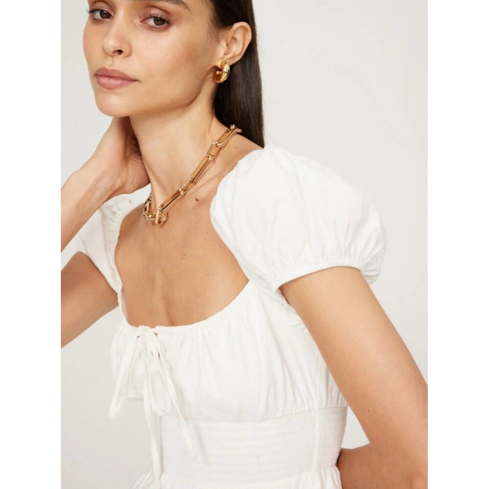 REFORMATION Dress Arna White Keyhole Tie Front Smocked Cottagecore Cotton midi 6 - Picture 3 of 11